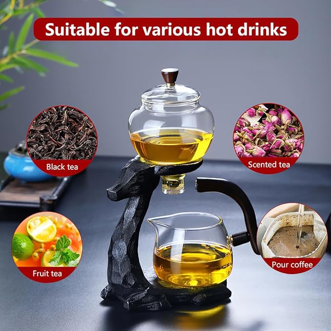 Lazy Kungfu Drip TeaPot, Heat Resistant Tea Set, Semi-Automatic Glass Teapot Suit for Magnetic Water Flow Wooden Glass Teapot Set