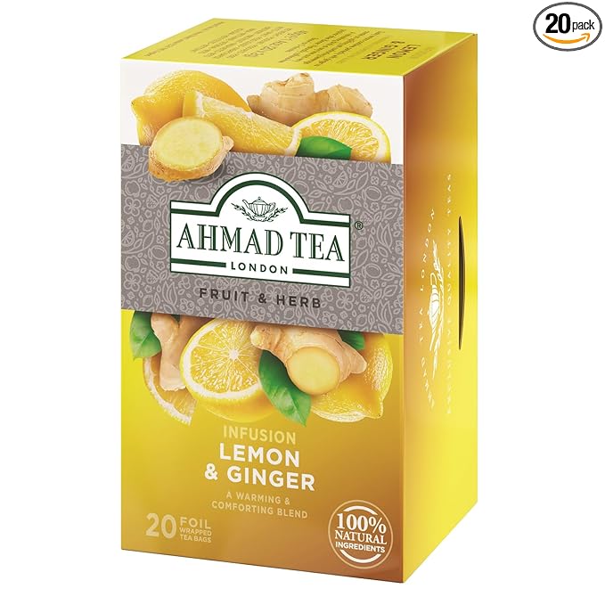 Ahmad Tea Herbal Tea, Lemon & Ginger Teabags, 20 ct (Pack of 1) - Decaffeinated & Sugar-Free - Bloomnest