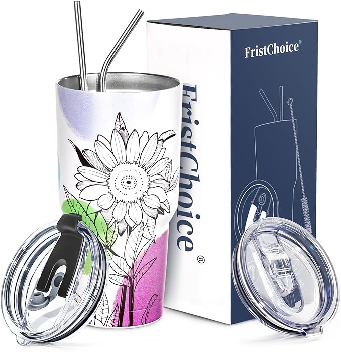 30 oz Tumbler with Lids and Straws Double Wall Insulated Tumbler Cup,Stainless Steel Leak-proof Thermal Coffee Tumbler Powder Coated Travel Mug for Cold and Hot Beverages,Sunflower - Bloomnest