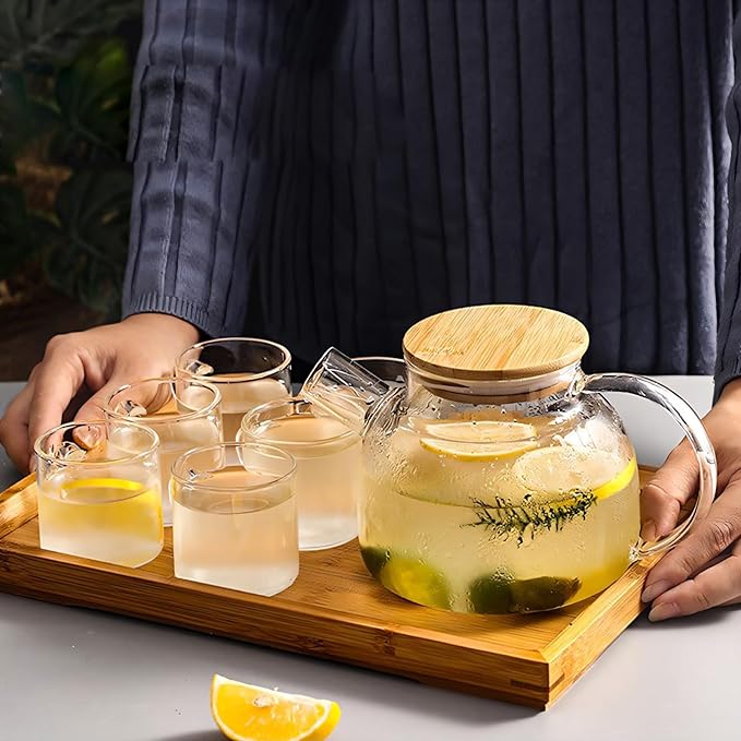 Glass Teapot Set of 5 with Bamboo Lid, 4 Teacups, 18.6OZ. Thick Durable Borosilicate Glass for Cold Brewing, Hot Tea - Bloomnest