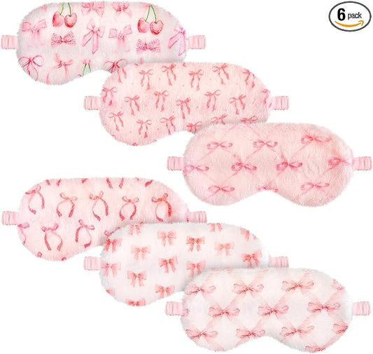 Cuffbow 6 Pcs Plush Sleep Eye Mask Silk Furry Eye Covers for Sleeping Cute Sleep Mask Fluffy Comfortable Sleeping Blindfold for Travel Sleepover Nap Party Supply Girls Women(Bow,Pink) - Bloomnest