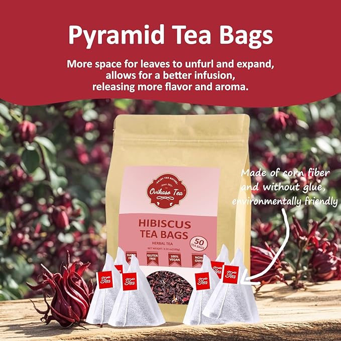 Ovikaso Tea, Hibiscus Tea Bags, Roselle Tea, 50 Pyramid Tea Bags, 2g/bag, 100% Natural, Non-GMO, No Caffeine, Brew Hot or Iced Tea, Baking, Cocktail, Rich in Antioxidants - Bloomnest