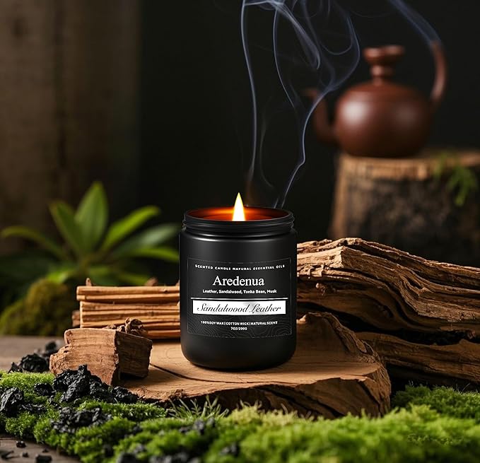 Sandalwood Leather Candle, Manly Candles for Home Scented, Masculine Aromatherapy Gifts for Men - 7oz Soy Candle, 50 Hours Burn Time, Perfect for Relaxing Home Fragrance - Bloomnest