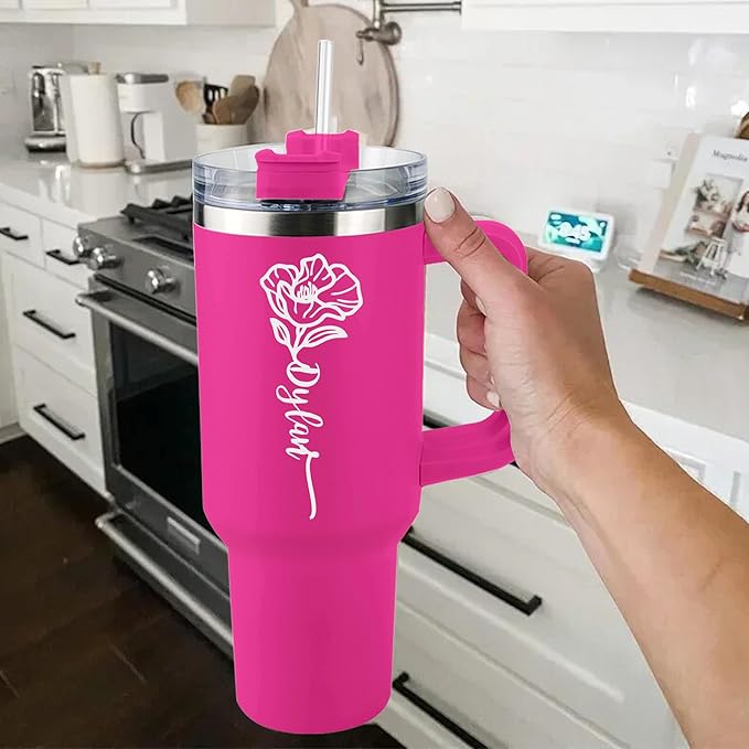 ThermoThrill Ships Next Day, Personalized 40 Oz Tumbler with Handle and Straw Custom Tumbler with Text Stainless Steel Mug Birthday Gifts for Women (3.Personalized with Birth Flower, 40OZ) - Bloomnest