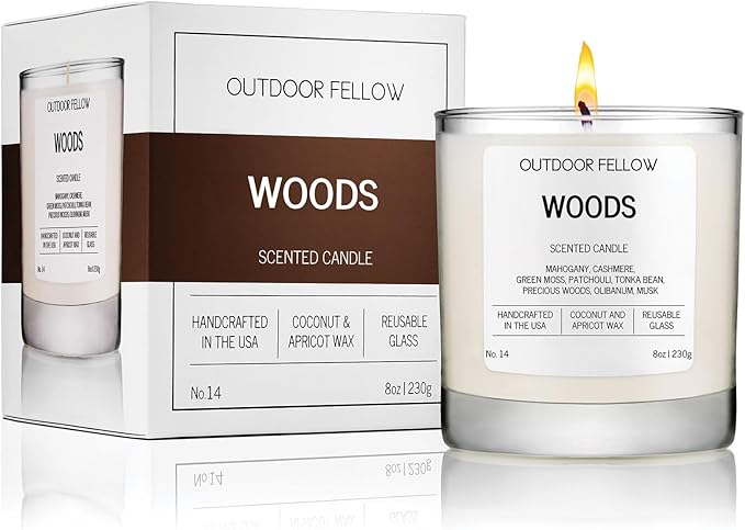 Outdoor Fellow Woods Scented Candle, 8oz, Coconut & Apricot Wax Blend, Mahogany, Cashmere, Patchouli, Tonka Bean, 40-50 Hour Burn Time, Earthy Home Fragrance - Bloomnest