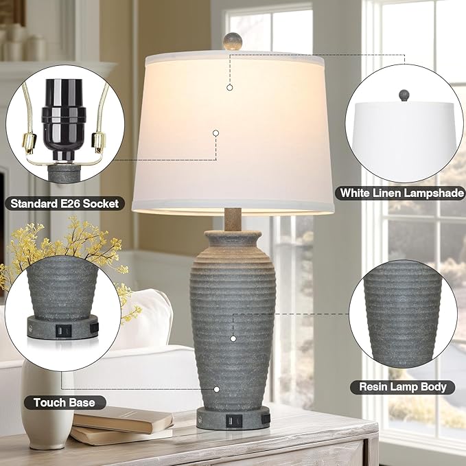 25" Grey Farmhouse Jar Table Lamps, 3 Way Touch Control Rustic Bedside Lamps with USB A+C Ports & AC Outlet, Pot Nightstand Lamps for Bedroom End Table (LED Bulbs Included) - Bloomnest