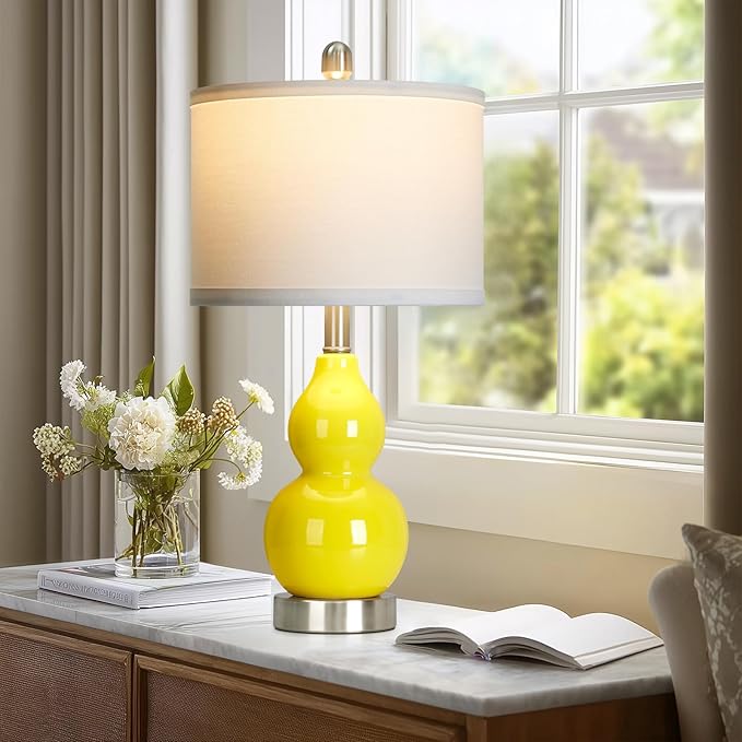 Double Gourd Ceramic Table Lamps Set of 2, Yellow Modern Bedside Lamps for Living Room, Contemporary Nightstand Desk Lamps for Bedroom End Table Home Office Decor(2 LED Bulbs Included) - Bloomnest