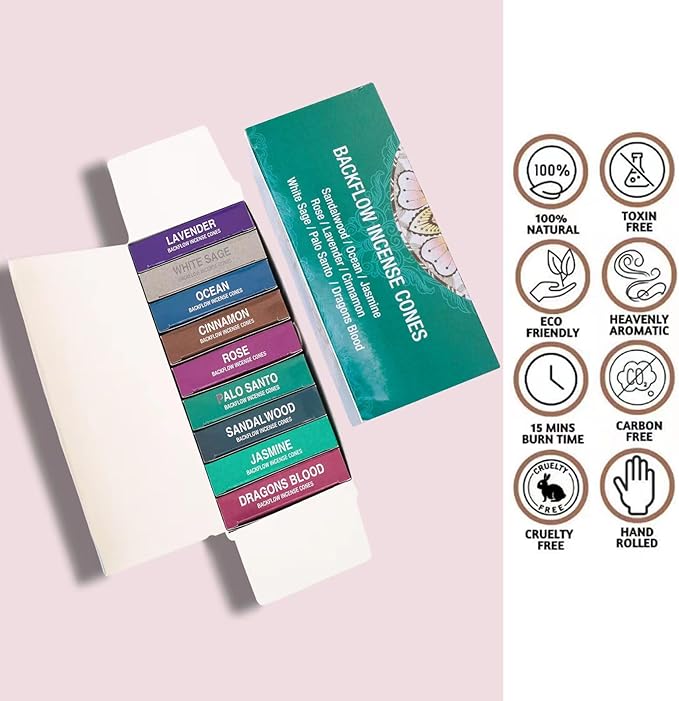 Set of 9 Backflow Incense Cones Gift Variety Pack - White Sage, Dragons Blood, Palo Santo, Jasmine, Lavender, Ocean, Sandalwood, Cinnamon, Rose for Waterfall Aromatic Smoke Fountain Haze Falls FOUCILO
