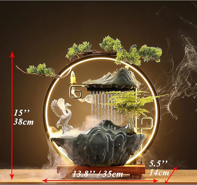 Crane Tabletop Water Fountains Indoor Waterfall with LED Light Mist Desk Fountain for Feng Shui Wealth Boom with Mist and Backflow Incense Holder for Meditation Planting - Bloomnest
