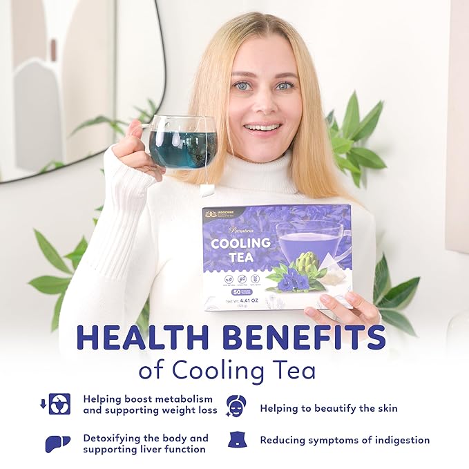 Indochine Blends Cooling Tea | Oolong, Artichoke, Butterfly Pea & Peppermint | Sugar-Free, Caffeine-Free Herbal Tea | Vibrant Blue | Herbal Tea for Relaxation | 4.4 oz | 50 Corn-Fiber Pyramid Bags - Bloomnest