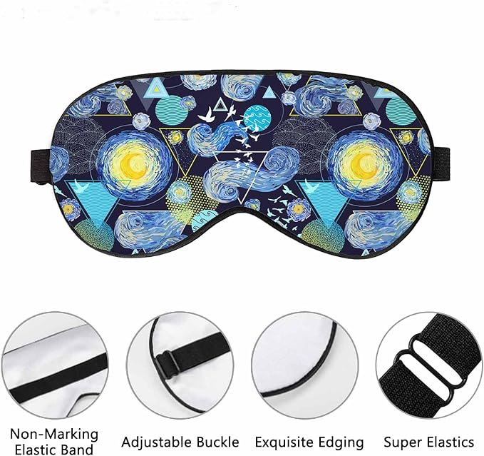 Modern Geometric Minimalism Sleep Eye Mask Starry Sky Glowing Yellow Moon Birds Circles Triangles Men Women Sleep Mask with Adjustable Strap Eye Cover Eye Shade for Travel, Nap,Meditation - Bloomnest