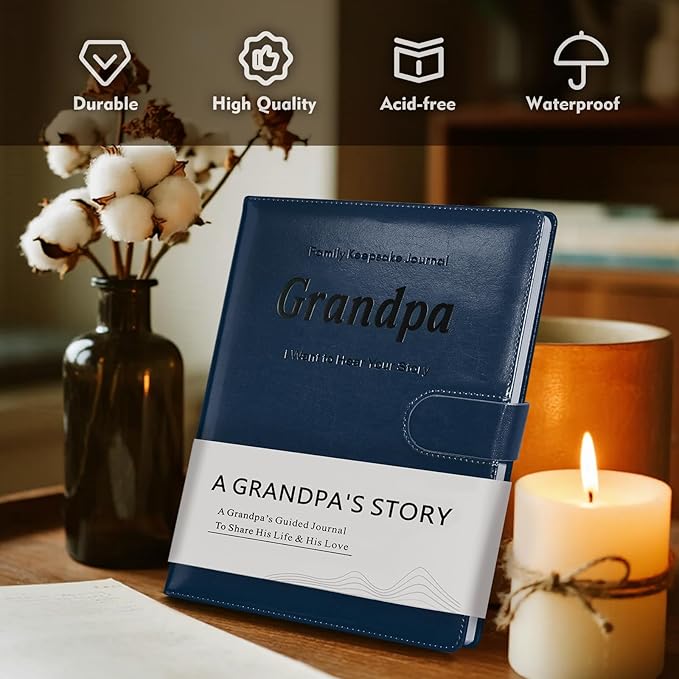 Artmag Grandpa's Life Story Journal with 250+ Prompt Questions, Family Keepsake Book Leather Cover for Grandpa to Share His Memories for Birthday Father's Day Christmas (Blue) - Bloomnest