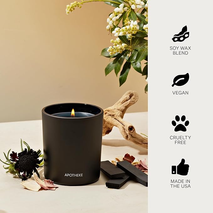 Apotheke Signature Scented Candles for Home, Charcoal - 10.5 oz - Soy Wax, Non Toxic, Large Jar Black - Luxury Candle Gifts for Women & Men - Cedarwood, Sandalwood, Oud, and Amber - Bloomnest