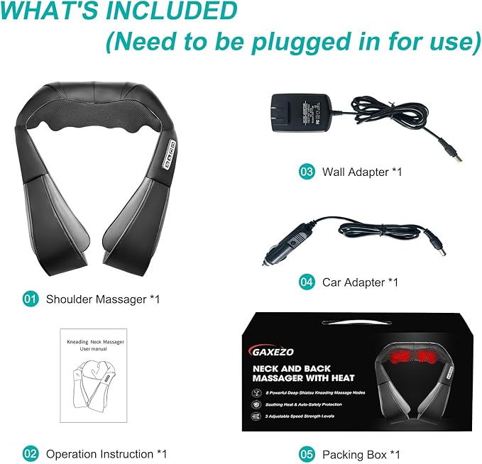 Shiatsu Back and Neck Massager with Heat, Deep Tissue Kneading Back Massager for Pain Relief, Electric 4D Shoulder Massage for Neck, Shoulder - Gifts for Men, Women (NOT Cordless)