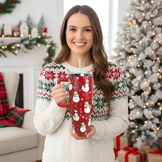 Ceovfoi 40 Oz Christmas Snowman Tumbler Coffee Travel Mug Cup with Handle, Snowman Decor, Christmas Gifts for Women - Bloomnest