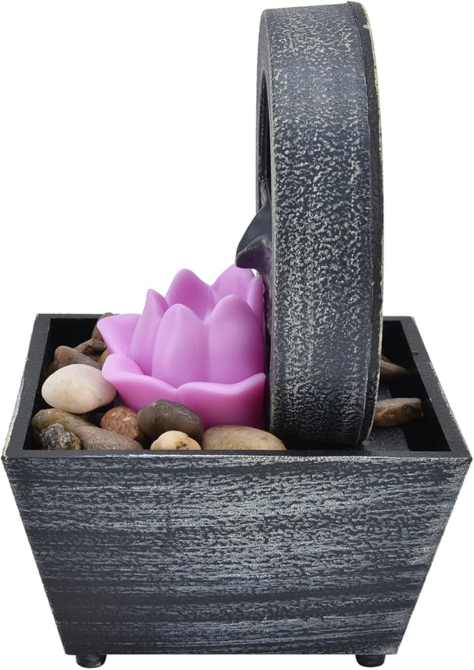 Tabletop Fountain, 3V 16.5x11.5x11.5cm Plastic Flower Tabletop Water Fountain, Home Decor with Stones LED Lights for Home Office Indoor Spaces Decor