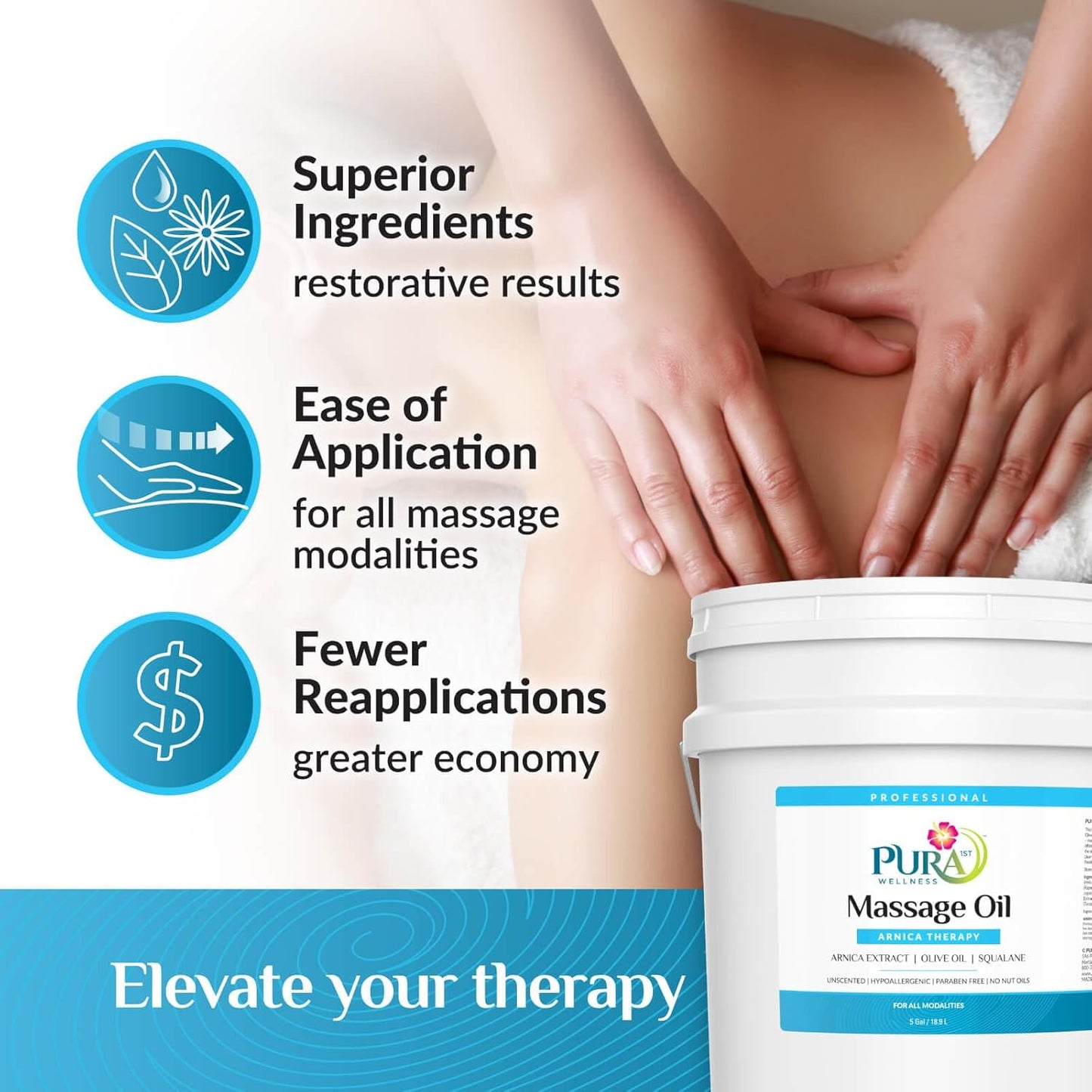 Wellness Professional 5 Gallon Arnica Massage Oil, for Bruising, Unscented Deep Tissue Massage Oil for Therapy, Hypoallergenic, for Physical Therapy, Natural, Skin Moisturizing