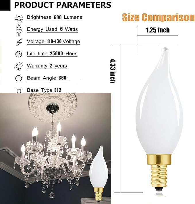 E12 Dimmable Light Bulbs 60 Watt Candelabra Led Bulbs 4000k Daylight Frosted Edison Bulbs 6W for Chandelier Light and Ceiling Fan Light AC120V 600lm b11 led Bulb Torpedo,6Pack - Bloomnest