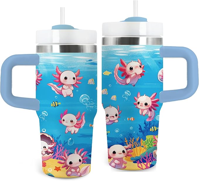 Axolotl Gifts for Girls - 14oz Blue Kids Axolotl Tumbler with Handle and Straw, Stainless Steel Insulated Water Cup, for Sport, School, Travel - Axolotl Lovers Gift for Children Birthday Gift Cup(1pc) - Bloomnest