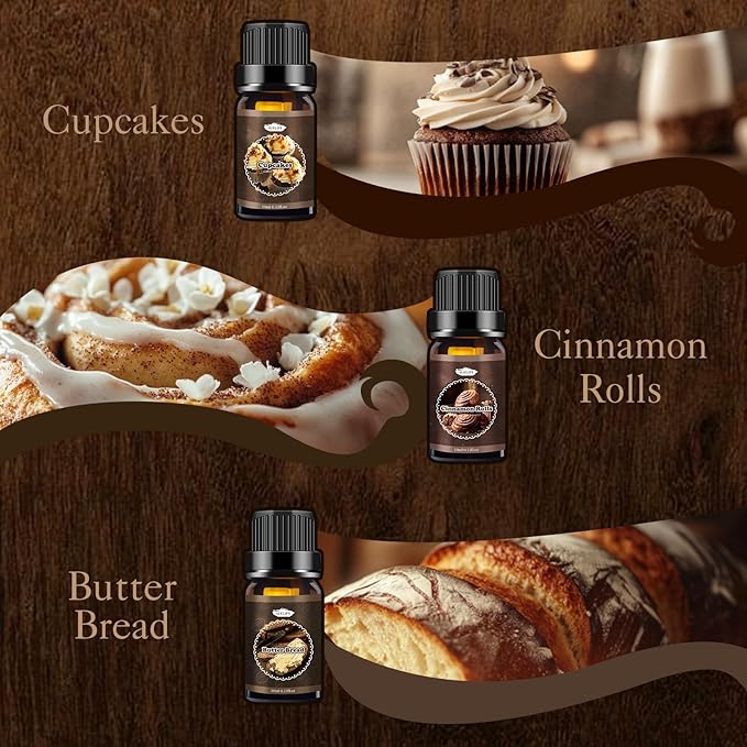 Bakery Essential Oils Set, Fragrance Oil for Diffusers for Father's Day, Candle Making, Aromatherapy Scented Oil Gift for Men - Vanilla Bean, Cookies, Chocolate Crepes, Cupcakes, Cinnamon Rolls, Bread - Bloomnest