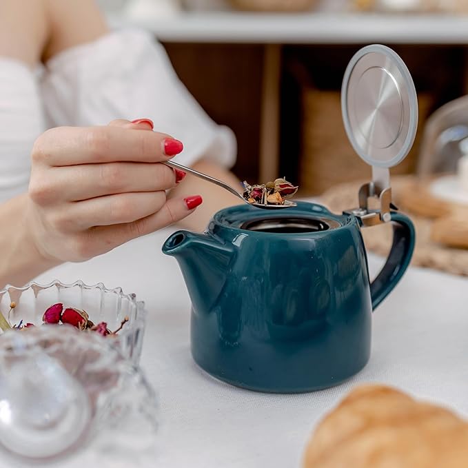 ORNA Ceramic Teapot with Tea Infuser – Small Tea Pot for Loose Leaf Tea – 550ml / 18.6 Oz Porcelain Non-Stove Teapot for 2 Cups with Tea Strainer (Ocean) - Bloomnest