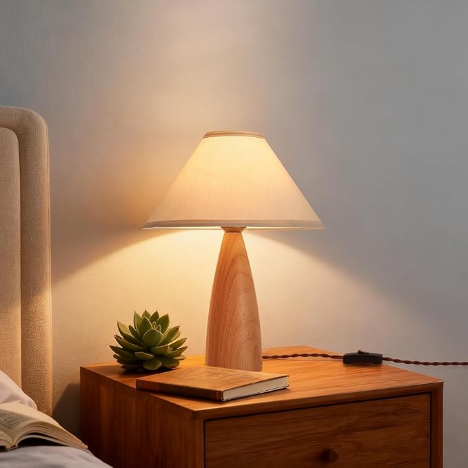 Bedside Table Lamp for Bedroom, Mid-Century Modern Plug in Fabric Shade & Solid Wood Base Desk Lamp, Plug & Play Natural Wood Nightstand Lamp for Living Room, Office, Switch Power Cord 【Bulb Included】 - Bloomnest