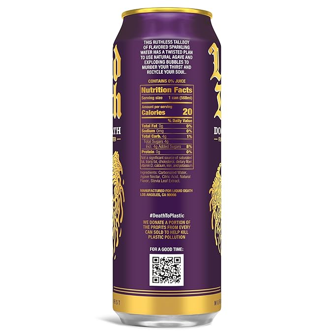Liquid Death Soda-Flavored Sparkling Water - Doctor Death (Cherry, Cream, Spice), Less Sugar*, Huge Flavor, No Caffeine, No Artificial Sweeteners, King Size 19.2 Fl Oz (Pack of 12) - Bloomnest