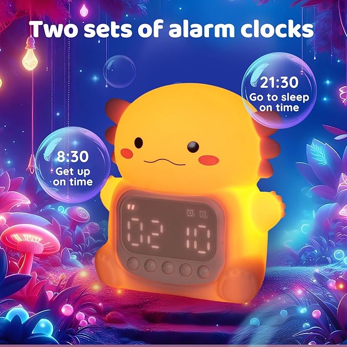 Axolotl Alarm Clock with Night Light for Kids, Rechargeable Silicone Lamp Time to Wake Clock，Cute Animal Tabletop Lamp, Perfect Sleep Companion for Boys Girls - Bloomnest