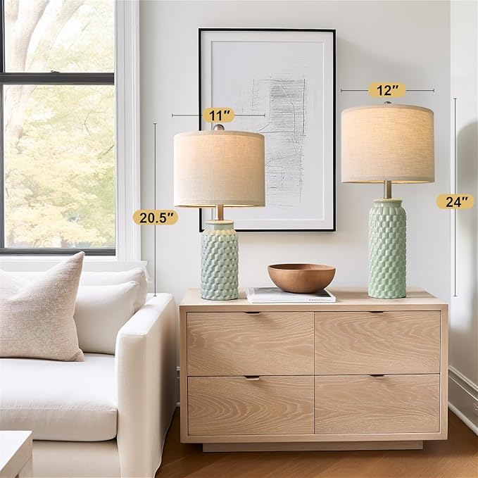 24" Modern Ceramic Green Bedside Lamp Set of 2 Table Lamp for Bedroom Decor Farmhouse Table Lamp for Living Room Office Dorm - Bloomnest