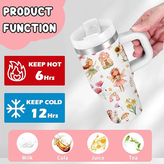 Fairy Gifts for Girls - 14 Oz Kids Tumbler with Handle and Straw, Stainless Steel Vacuum Insulated Tumbler, Sweatproof, for Sports, School, Travel - Birthday Gifts for Children Girls Cups(1pc) - Bloomnest