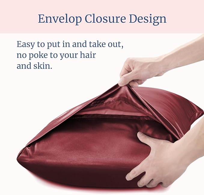 BEDELITE Satin Pillowcase for Hair and Skin, Super Soft and Cooling Similar to Silk Pillow Cases 2 Pack with Envelope Closure, Gift for Women Men(20"x26" Standard Size, Burgundy) - Bloomnest