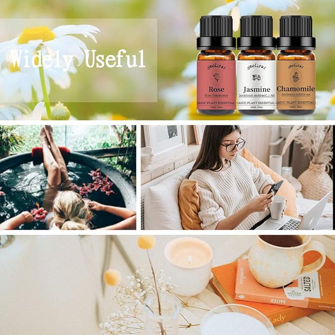 yethious Rose Jasmine Chamomile Essential Oil Set Organic 100% Pure Aromatherapy Oil for Diffuser, Soap, Candle Making 3 X 10ML - Bloomnest