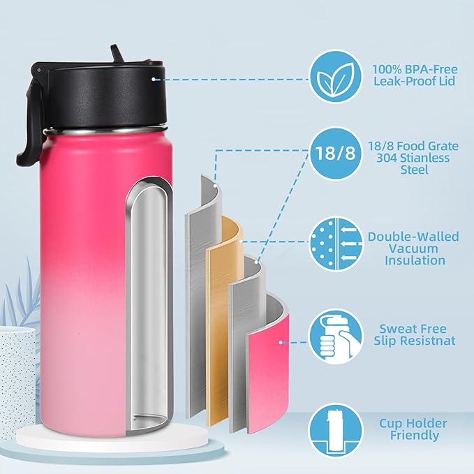 Volhoply 16 OZ Kids Water Bottle Bulk 2 Pack,Insulated Sports Bottles with Straw Lid,Stainless Steel Bottle with Handle Keep Cold&Hot,Double Wall Vacuum Tumbler Cups for School(Assorted, 2) - Bloomnest