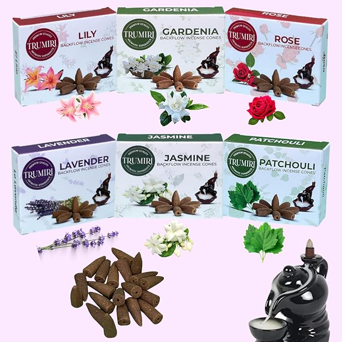 Floral - Backflow Incense Cones for Waterfall - Scented Inscents-Cones - Lavender, Jasmine, Rose, Patchouli, Lily, Gardenia - Insiensos Aromaticos - 6x10=60 Large Variety Pack