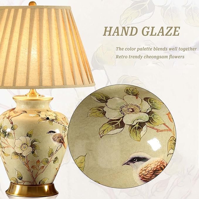 PURESILKS Vintage Ceramic Table Lamp, Hand-Painted Flower and Bird Desk Lamp, Chinese Classical Decorative Lamp with Fabric Shade, Farmhouse Table Lamp for Living Room,Bedroom, Study Room - Bloomnest