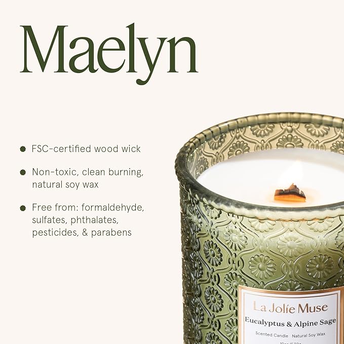 LA JOLIE MUSE Eucalyptus & Alpine Sage Candle – Eucalyptus, Sage & Lavender | 19 oz Wooden Wick | Natural Soy Wax | 90 Hours Burn | Candle for Relaxation - Bloomnest