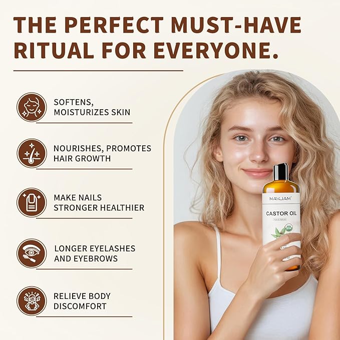 MAYJAM Organic Castor Oil 16 oz, 100% Pure Cold Pressed Castor Oils for Hair Growth, Eyebrows, Eyelash, USDA Certified Caster Carrier Oil for Body, Skin & Face Moisturizer - Bloomnest