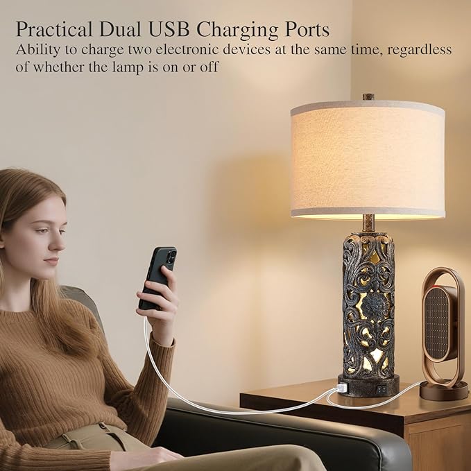 RORIANO 25'' Set of 2 Rustic Table Lamp for Bedroom Living Room with 2 USB Ports, Farmhouse Vintage Resin Nightstand Lamp with Nightlight, Antique Retro Desk Lamp for Entryway, 2 Bulbs Included - Bloomnest