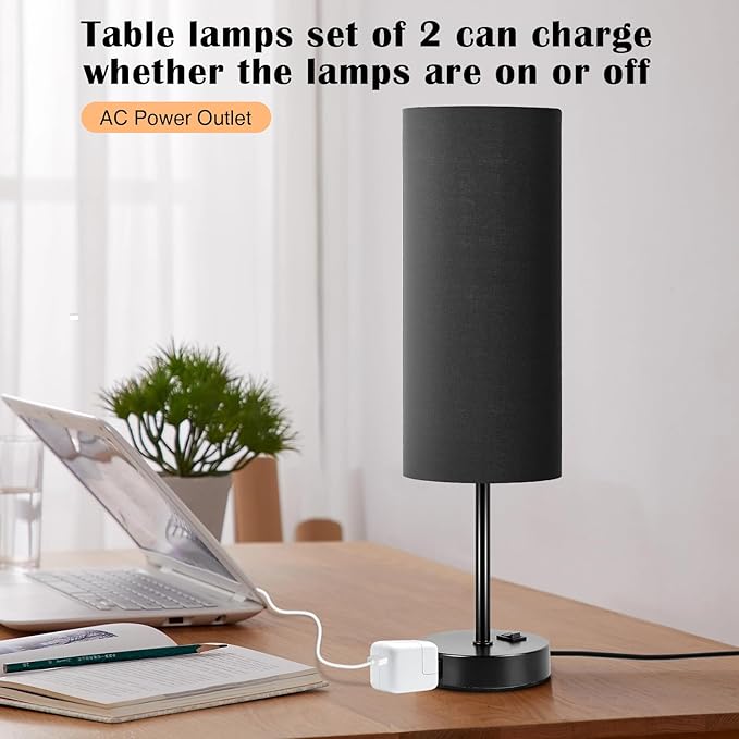 ZJOJO Table Lamp for Bedroom 2 Pack,18in Bedside Lamps with 3 Way Dimmable Rocker Switch & AC Outlet,Nightstand Desk Lamp with Black Fabric Shade Black Base for Living Room Home Decor Lights - Bloomnest