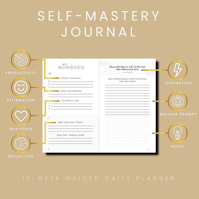 Self-Mastery Journal for Men - Gratitude Journal – 5 Minute Journals - Reflection Manifestation Journal for Mindfulness – Goal/Guided Gratitude Journel for Women & Men (Khaki) - Bloomnest