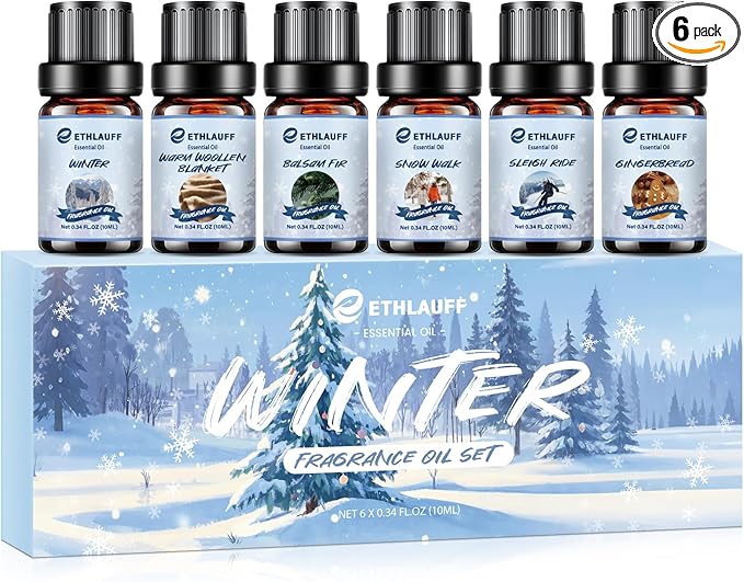 Essential Oils Set, Winter, Warm Woollen Blanket, Balsam Fir, Snow Walk, Sleigh Ride, Gingerbread - Bloomnest