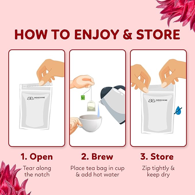 Indochine Blends Hibiscus Tea Bags | 100% Pure Hibiscus Flower | Sugar-Free, Caffeine-Free Herbal Tea | Double Chamber, Individually Wrapped Bags| Rich in Natural Goodness and Flavor | 3.5 oz | 50 Tea Bags - Bloomnest