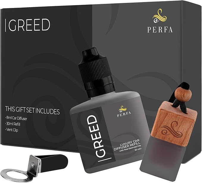 Greed Gift Set with Refill Bottle | Perfume Inspired Car Fragrances | Strong Car Freshener with Odour Eliminator Technology | Greed Automotive Freshener by Perfa - Bloomnest
