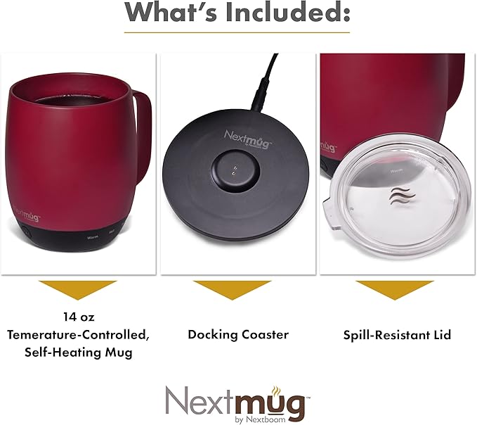 Nextmug - Temperature-Controlled, Self-Heating Coffee Mug (Burgundy - 14 oz.) - Bloomnest