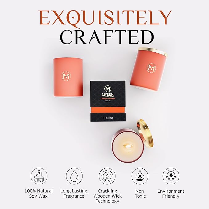 MyrrhUSA Orange Cinnamon Scented Candle – 15oz Natural Soy Wax with Crackling Wooden Wick & Essential Oil | 80 Hour Burn | Luxury Aromatherapy Candle for Relaxation, Home Décor, Living Room & Bathroom - Bloomnest