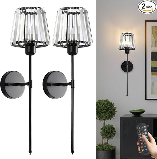 Battery Operated Crystal Wall Sconce Set of 2, Matte Black Wireless Wall Light with Remote Control, LED Dimmable 15 Colors USB Rechargeable Light Bulbs Wall Lamp for Bedroom Living Room Hallway - Bloomnest