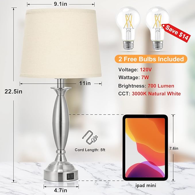 Beige Lamps for Bedrooms Set of 2 - Touch Control Bedside Lamp with USB C+A, 3 Way Dimmable Nightstand Lamps with USB Port, Table Lamp for Living Room(Beige Shade and Nickel Base) - Bloomnest