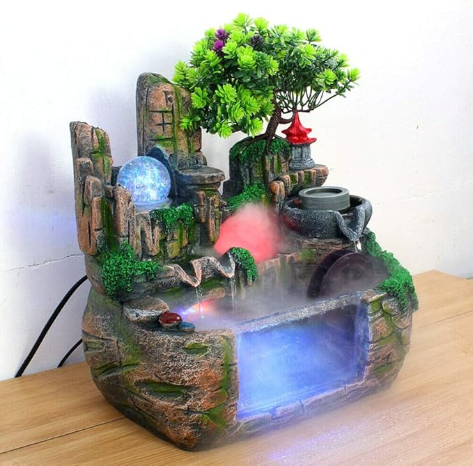 Tabletop Fountain Decorations,Tabletop Fountain Indoor Humidifier with Rockery Mountain Waterfalls,Goldfish,Light,Resin Rockery Crafts Gift Fountain for Home Office Bedroom Desk Ornaments