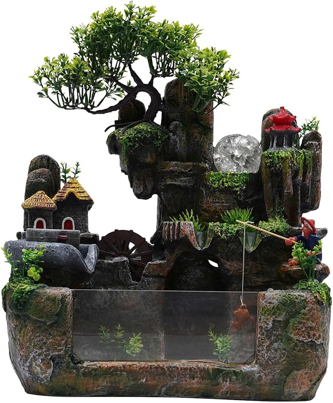 Waterfall Fountain Indoor Mini Waterfall with Led Lights & Atomizer Indoor Fountains and Waterfalls Table Top Water Fountain for Office, Home, Bedroom Desk Decor (Flowing Water & Fishbowl)
