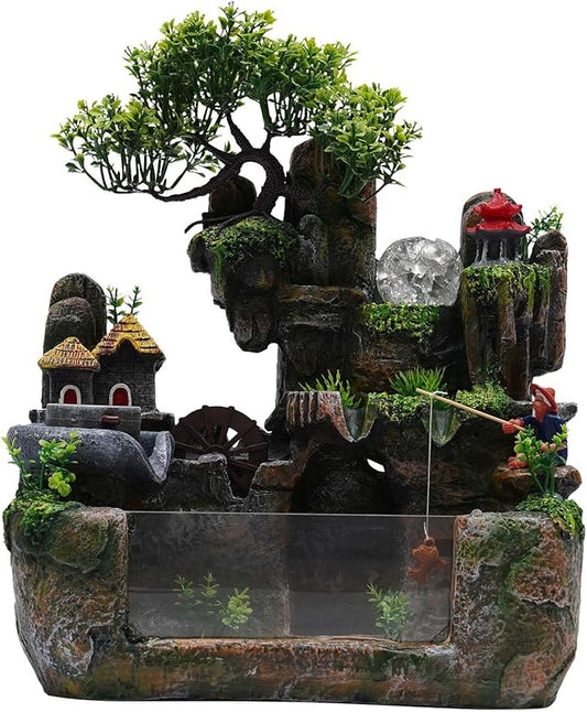 Waterfall Fountain Indoor Mini Waterfall with Led Lights & Atomizer Indoor Fountains and Waterfalls Table Top Water Fountain for Office, Home, Bedroom Desk Decor (Flowing Water & Fishbowl)